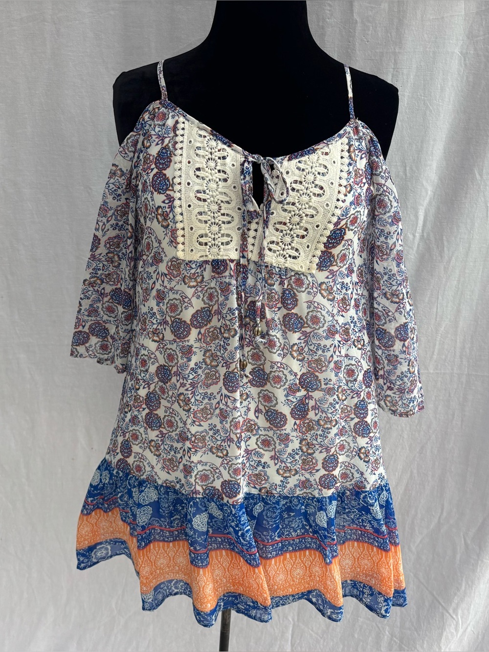 Boho Peasant Mini Dress Cold Shoulder Floral Paisley Cottagecore Festival M